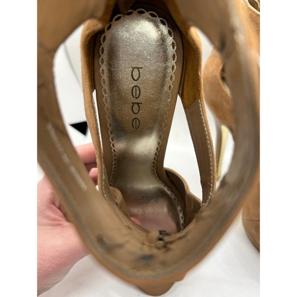 Bebe Size 8M Ultra High Suede Tan Heels with Strappy Design on Foot - Picture 3 of 9